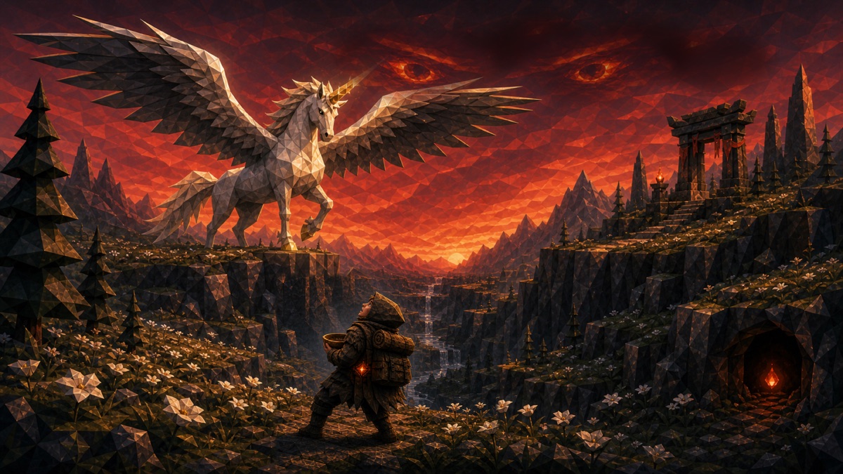Concept art for Founding Dream showing a traveler beneath a winged creature