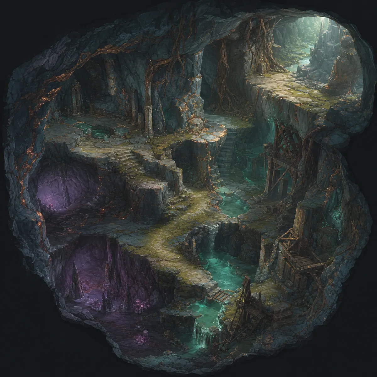 Layered cavern paths with old craftwork, mineral seams, and turquoise water