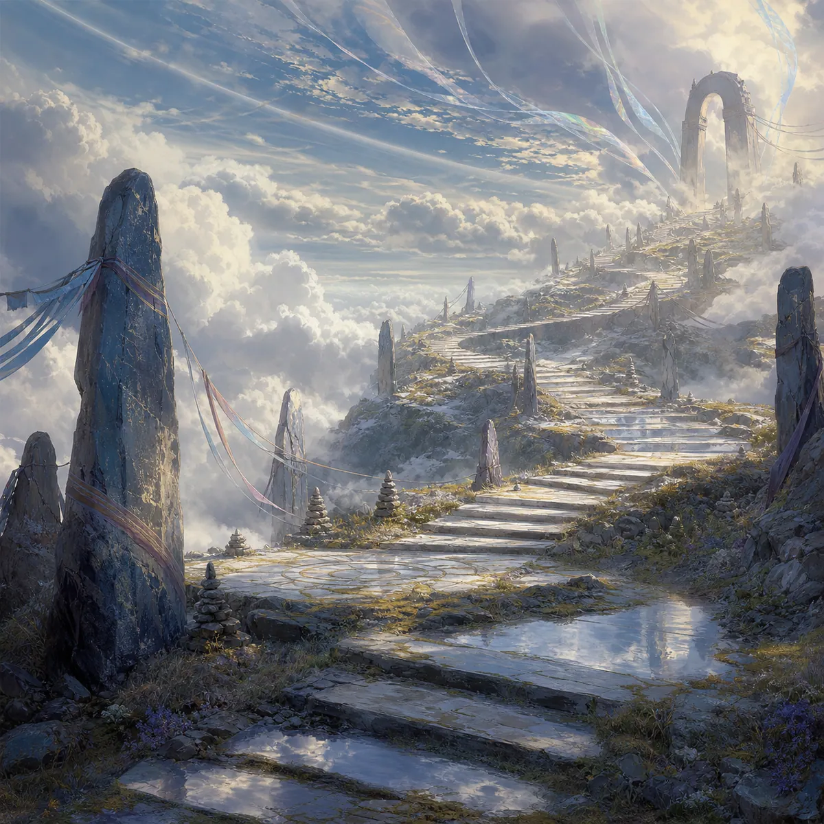 A high stone path climbing through clouds toward a distant sealed arch
