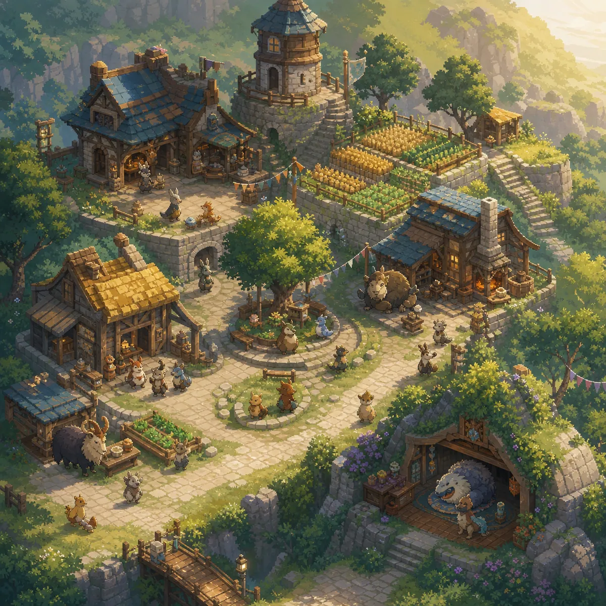 Concept art for a Kinzlocke settlement filled with creatures